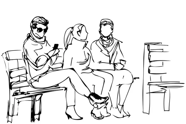 Croquis d'amis assis sur un banc — Image vectorielle