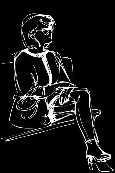 Sketch of a young woman in glasses sits on a benc — Stock Vector