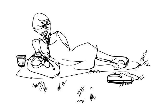 Picnic chica descansando acostado en la hierba — Archivo Imágenes Vectoriales