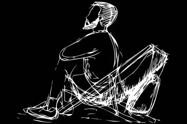Schizzo di un giovane con la barba seduto su una sdraio — Vettoriale Stock