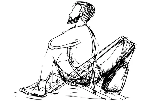髭のデッキチェアに座っている若い男のスケッチ — ストックベクタ