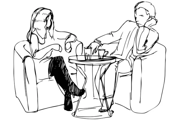 Skizze eines jungen Paares in einem Café an einem Tisch — Stockvektor