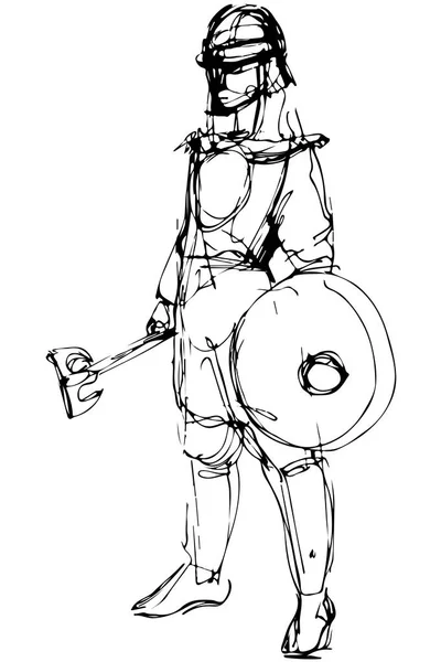 Esboçar guerreiro medieval em armadura com machado e escudo —  Vetores de Stock
