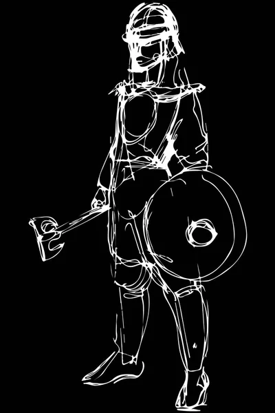 Skizze eines mittelalterlichen Kriegers in Rüstung mit Axt und Schild — Stockvektor