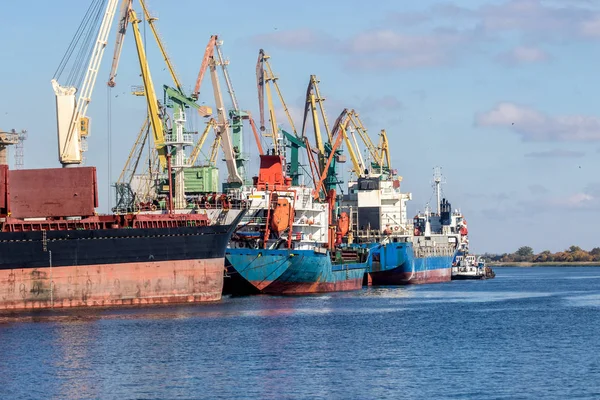 Sea ships loading tower cranes in port — Stok fotoğraf