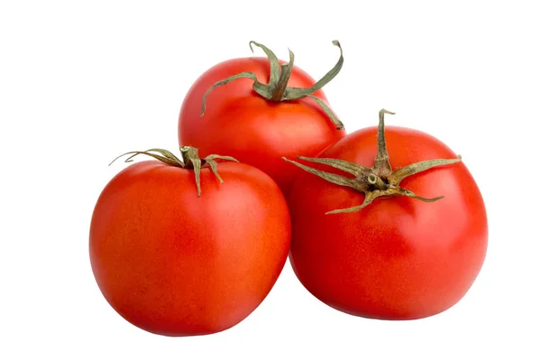三个成熟的红色蔬菜 白色背景上有一尾西红柿的图像 — 图库照片