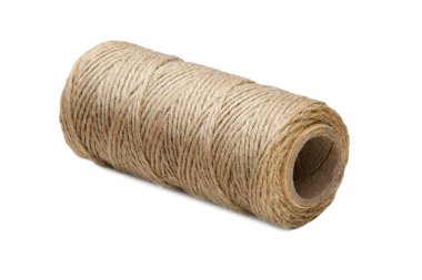 Kalın bir iplik yarasının görüntüsü beyaz arkaplanda bir makaraya dönüşür.