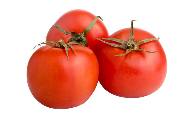 三个成熟的红色蔬菜 白色背景上有一尾西红柿的图像 — 图库照片