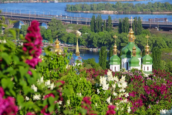Vydoebytsji klooster met lila bloesem in Kiev, Oekraïne — Stockfoto