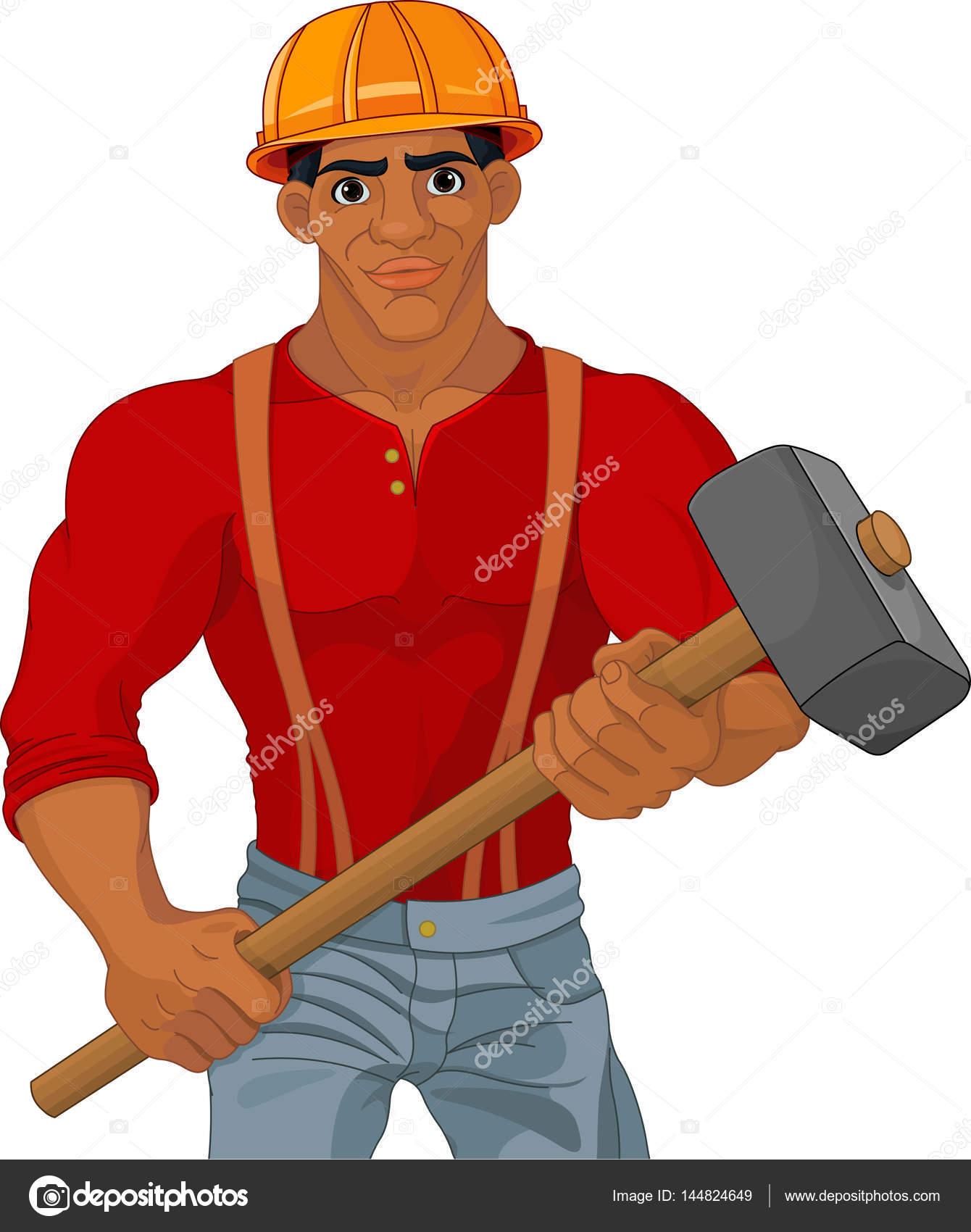 Vector cartoon man builder with a sledgehammer Stock Vector Image