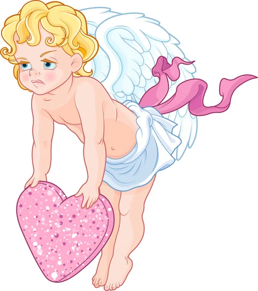 Bébé en colère Cupidon avec coeur — Image vectorielle