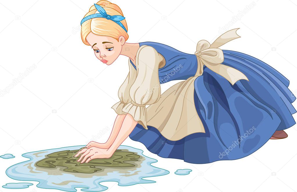 Sad Cinderella cleaning the floor