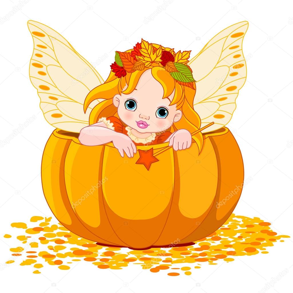 fairy sitting into a pumpkin 