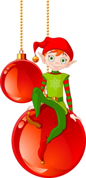 Elf κάθεται σε Χριστουγεννιάτικη μπάλα — Διανυσματικό Αρχείο