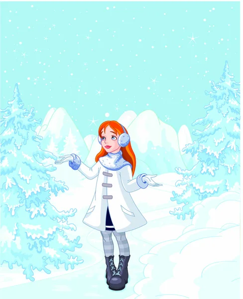 女孩正享受着冬季降雪 — 图库矢量图片