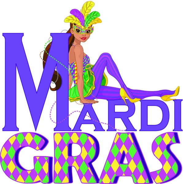 Chica sentada en el título de Mardi Gras — Vector de stock