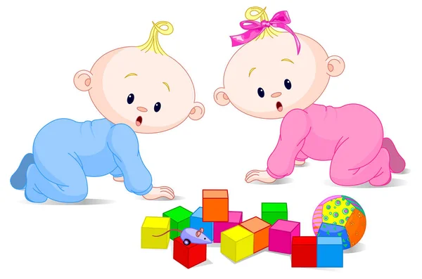 Niedliche spielende Babys mit Würfeln — Stockvektor