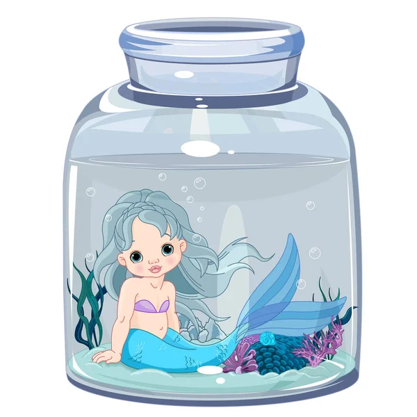 Sirena se sienta en un frasco transparente — Vector de stock