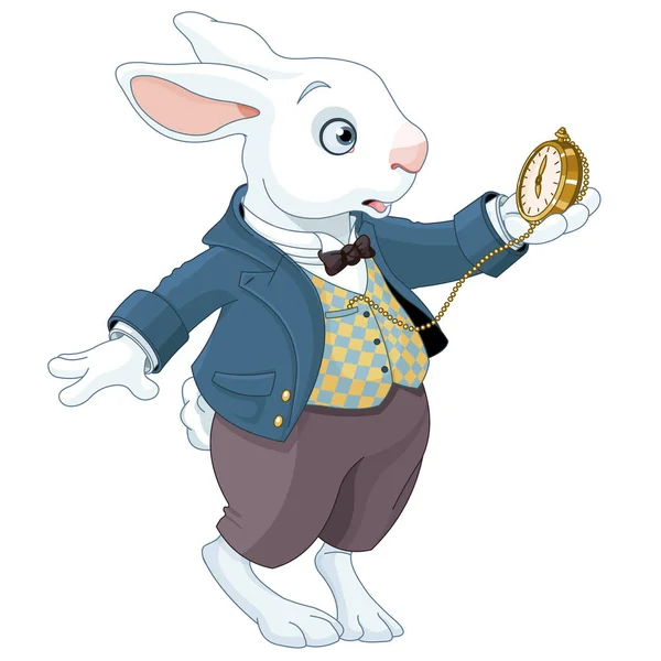 Biały królik trzyma zegarek — Wektor stockowy