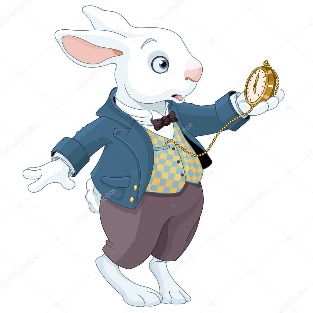 white rabbit holds watch