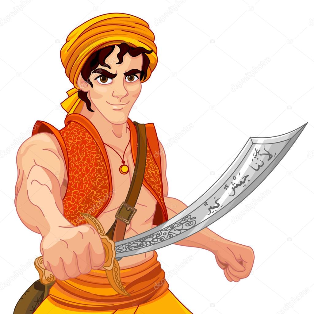 Aladdin holds his magic saber