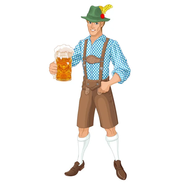 Man met mok bier viert Oktoberfest — Stockvector