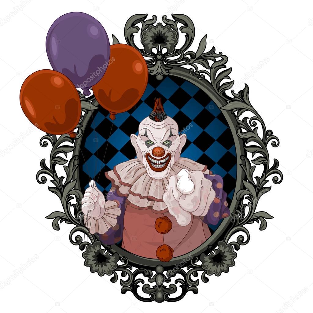 scary clown holds balloons 