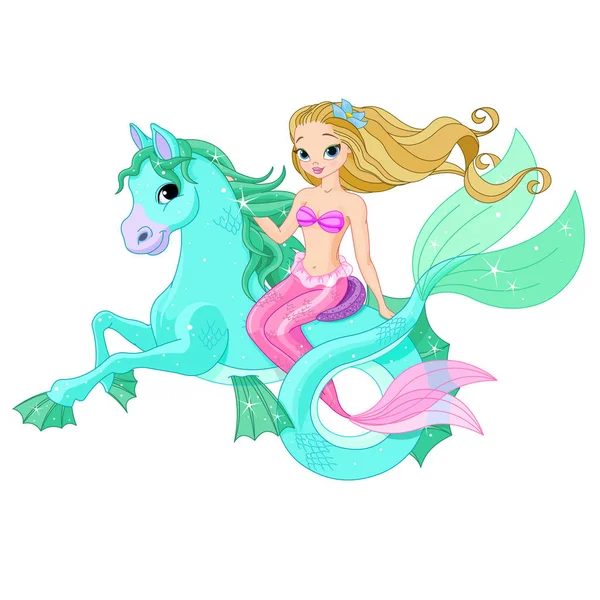 Beautiful mermaid riding sea horse — Stock Vector