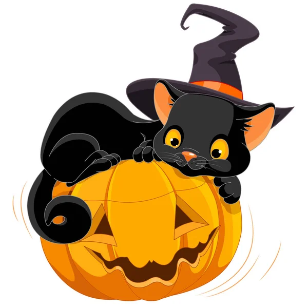 Halloween-Kätzchen liegt auf Kürbis — Stockvektor