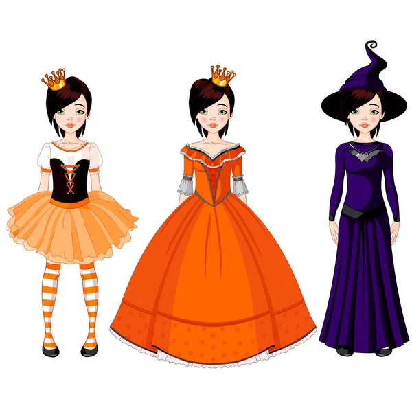 Muñecas de papel con tres vestidos — Vector de stock