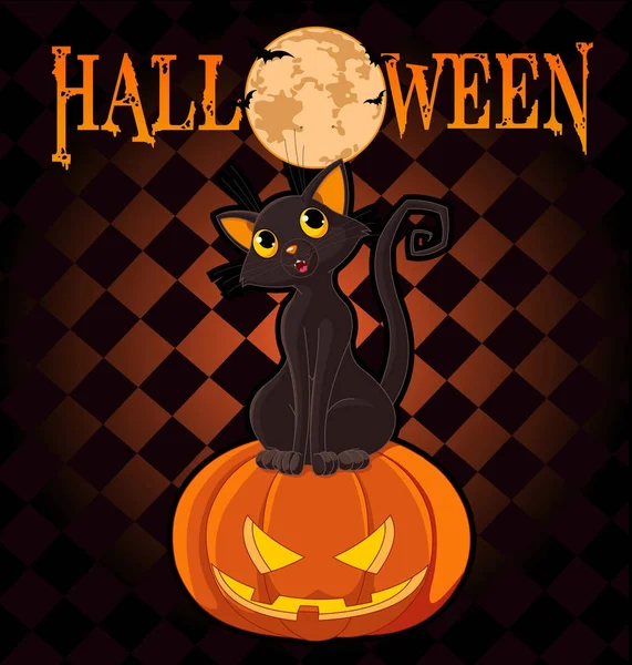 Кот сидит на тыкве на Хэллоуин — стоковый вектор