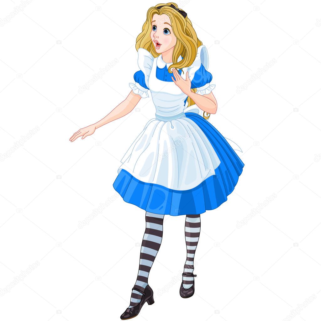 Illustration of cartoon Alice in Wonderland talking