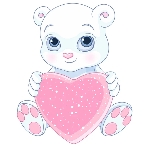 Lindo Oso Polar Sentado Con Corazón Rosa — Vector de stock