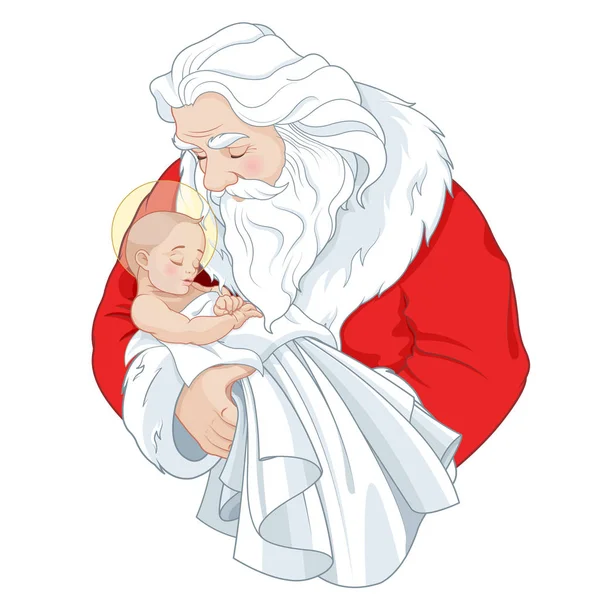 Santa Claus Holding Baby Jesus Cute Cartoon Illustration — Stock Vector