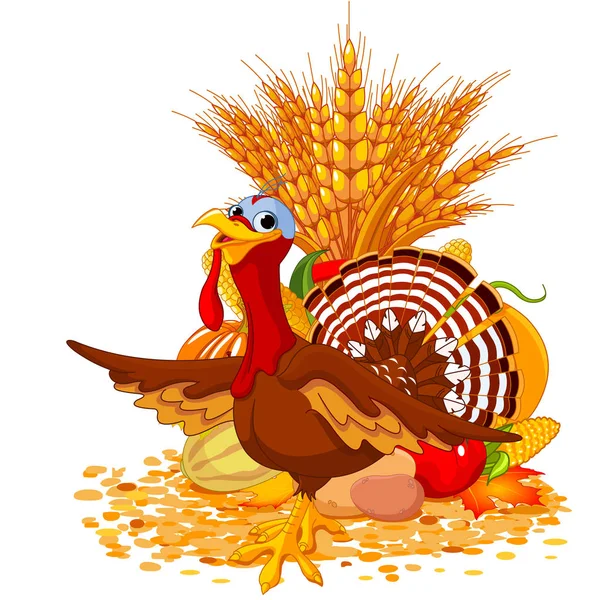 Thanksgiving Day Illustration Turkey Vegetables Wheat Ears — ストックベクタ
