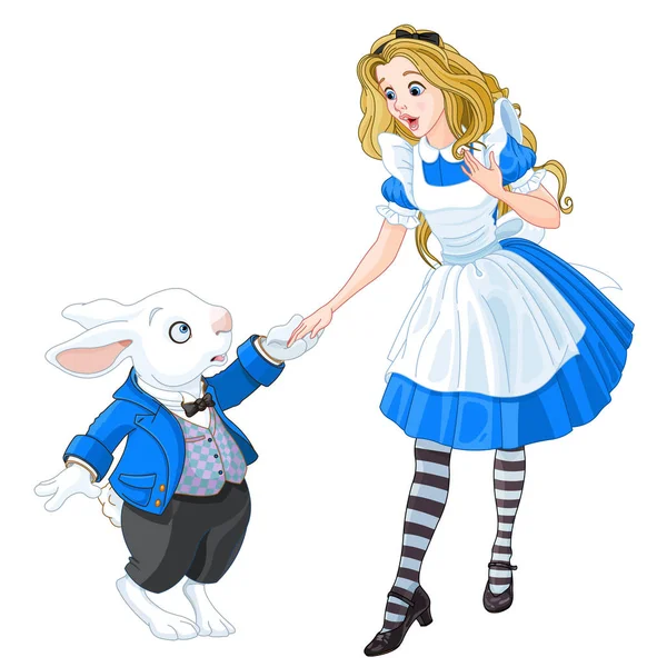 Cartoon Illustration Blonde Girl Holding Hands White Rabbit Clothes White — Stock Vector