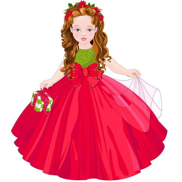 Cartoon Illustration Von Niedlichen Kleinen Mädchen Rotem Kleid Mit Weihnachtsgeschenk — Stockvektor