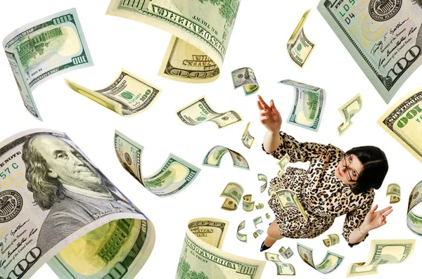 Mulher pega dinheiro caindo nela . — Fotografia de Stock