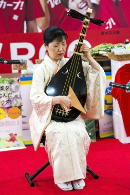 Kimono içinde kadın biwa oynuyor