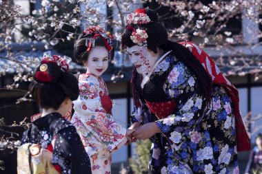 Güzel kadın ve iki çocuk Ulusal Japon elbiseleri