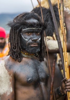 Endonezya, Papua Yeni Gine, Wamena, Irian Jaya, 20 Ağustos 2018: Wamena, Yeni Gine 'deki Baliem Vadisi festivalinde papağan bir adamın portresi. Festivale genellikle yüzlerce yerli kabile katıldı..