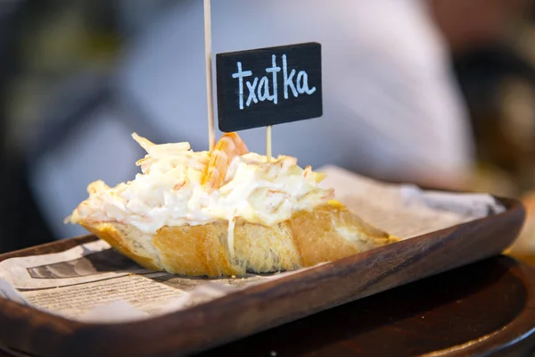 Appetizing Pinchos Crab Salad Shrimp Close Restaurant San Sebastian Donostia — Stock Photo, Image