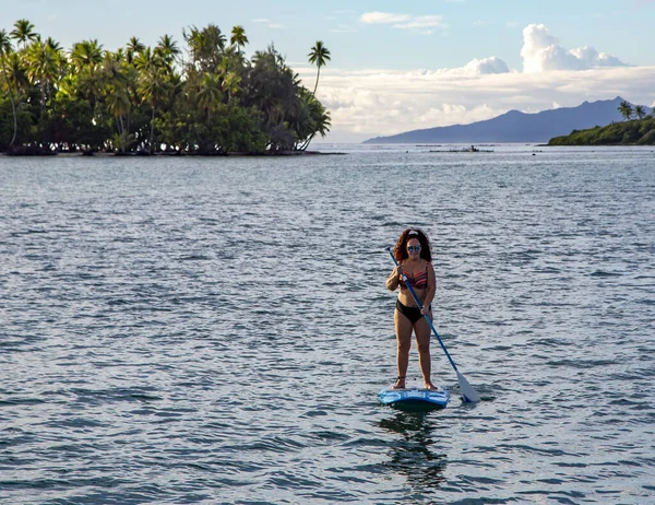 Mujer Activa Con Pelo Rizado Pie Paddleboard Puesta Sol Cerca — Foto de Stock
