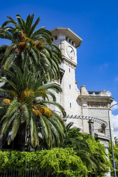 Baroque Clock Tower Surrounded Beautiful Palms Trees Nice Street France — Stock Photo, Image