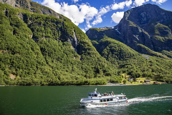 ノルウェーのフェリー輸送 白い旅客フェリーは 森林の山々の間でフィヨルドに行きます — ストック写真