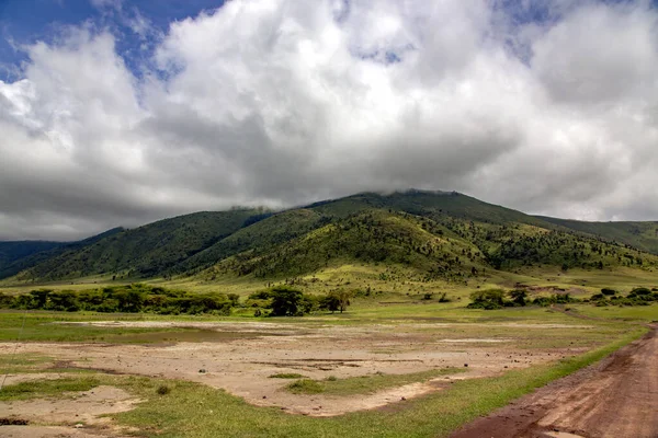 Ngorongoro Völgy Hegyek Háttérben Egy Felhős Napon Tanzánia Afrika — Stock Fotó