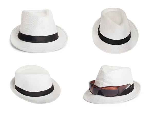 Gafas de sol y un sombrero de verano blanco sobre un fondo aislado — Foto de Stock