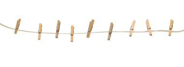 Old wooden clothespins on a rope isolated on  background clipart
