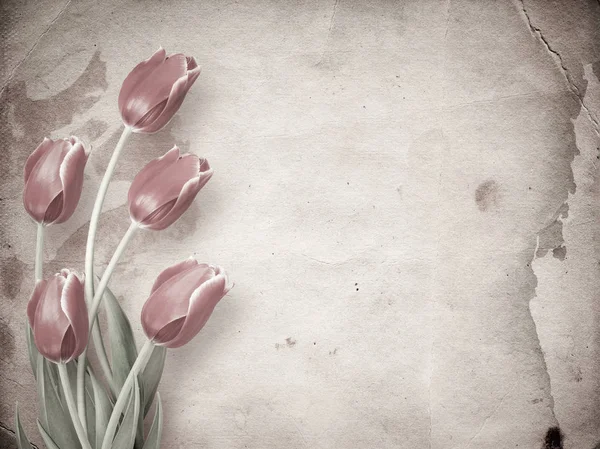 Kytice červených tulipánů s zelenými listy na pozadí abstraktní papíru — Stock fotografie