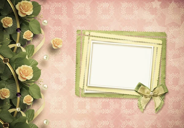 Beautiful greeting card with yellow roses and paper frame — Stock Photo, Image